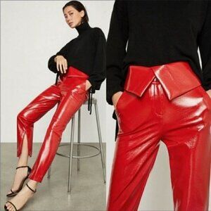 Bcbgmaxazria Size Xxs Red Faux Leather Fold Over Waist Peplum Pants